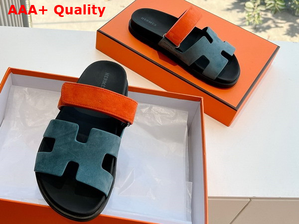 Hermes Chypre Sandal in Suede Goatskin Blue and Orange Replica
