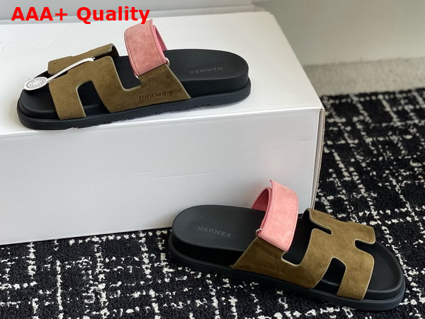 Hermes Chypre Sandal in Suede Goatskin Tan and Pink Replica