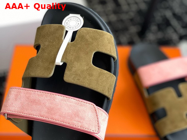 Hermes Chypre Sandal in Suede Goatskin Tan and Pink Replica