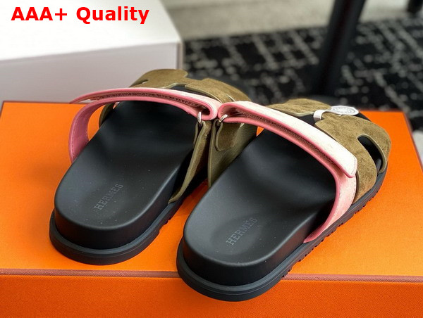 Hermes Chypre Sandal in Suede Goatskin Tan and Pink Replica