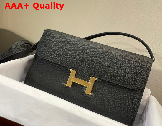 Hermes Constance Long To Go Wallet in Black Epsom Calfskin with Removable Shoulder Strap Replica