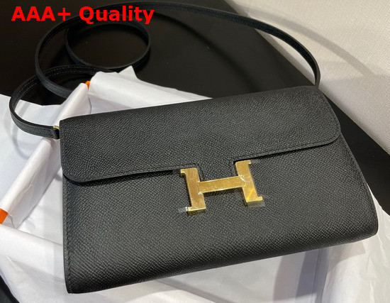 Hermes Constance Long To Go Wallet in Black Epsom Calfskin with Removable Shoulder Strap Replica