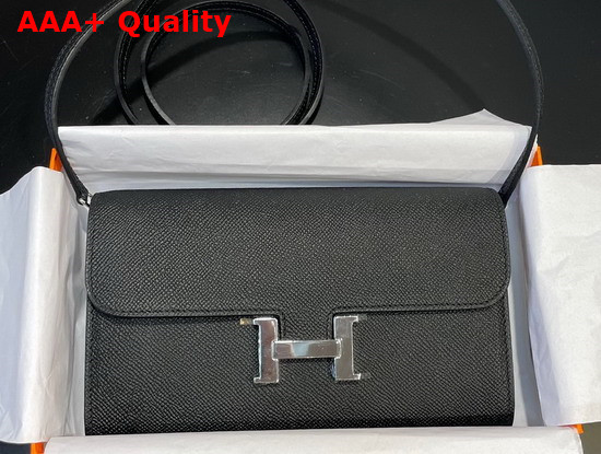 Hermes Constance Long To Go Wallet in Black Epsom Calfskin with Removable Shoulder Strap Replica
