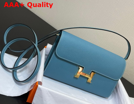 Hermes Constance Long To Go Wallet in Blue Epsom Calfskin with Removable Shoulder Strap Replica