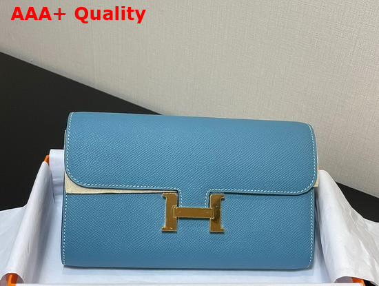 Hermes Constance Long To Go Wallet in Blue Epsom Calfskin with Removable Shoulder Strap Replica