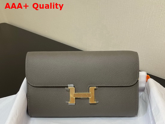Hermes Constance Long To Go Wallet in Grey Epsom Calfskin with Removable Shoulder Strap Replica