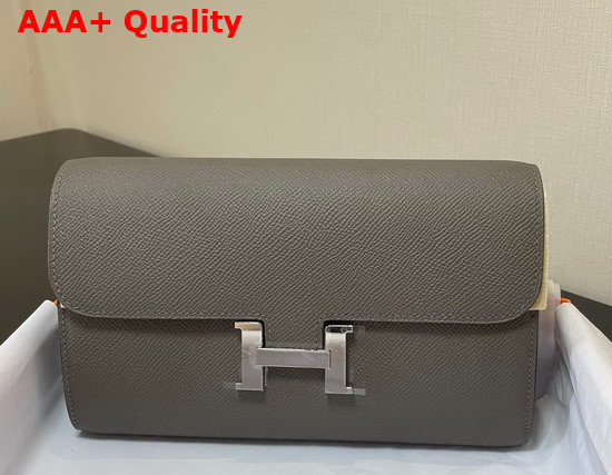 Hermes Constance Long To Go Wallet in Grey Epsom Calfskin with Removable Shoulder Strap Replica