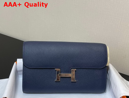 Hermes Constance Long To Go Wallet in Navy Epsom Calfskin with Removable Shoulder Strap Replica