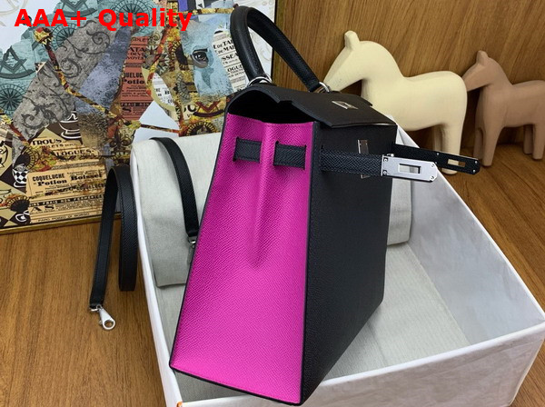 Hermes Contrast Kelly Sellier 25 Bag in Noir and Fuchsia Epsom Calfskin Replica