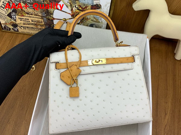 Hermes Contrast Kelly Sellier 25 Bag in Ostrich Leather Glacier and Sand Replica