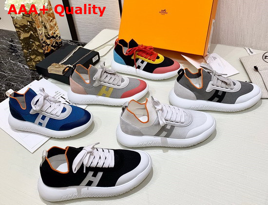 Hermes Crew Sneaker in Knit and Suede Goatskin with Signature Rubber Sole Black and White Replica