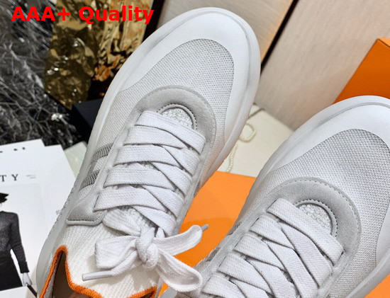 Hermes Crew Sneaker in Knit and Suede Goatskin with Signature Rubber Sole Blanc Gris Replica