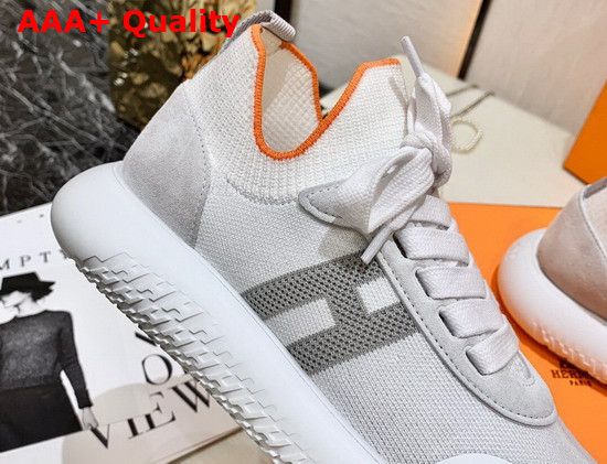 Hermes Crew Sneaker in Knit and Suede Goatskin with Signature Rubber Sole Blanc Gris Replica