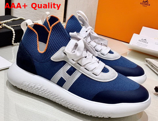 Hermes Crew Sneaker in Knit and Suede Goatskin with Signature Rubber Sole Blue and White Replica