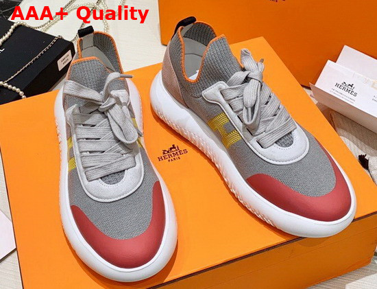 Hermes Crew Sneaker in Knit and Suede Goatskin with Signature Rubber Sole Gray Yellow Replica