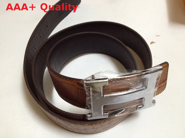 Hermes Crocodile Leather Men Belt Brown With Silver H Buckle Replica