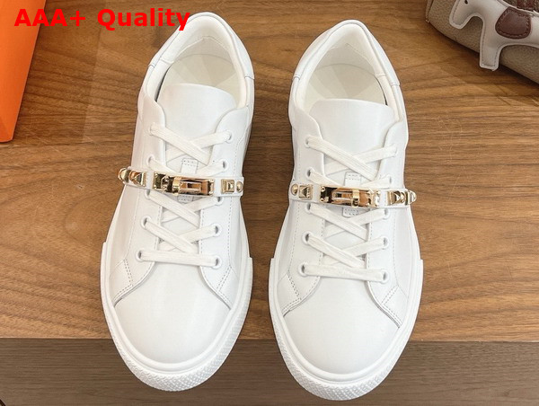 Hermes Day Sneaker in Blanc Calfskin with Kelly Buckle and Iconic Medor Studs Replica