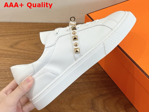 Hermes Day Sneaker in Blanc Calfskin with Kelly Buckle and Iconic Medor Studs Replica