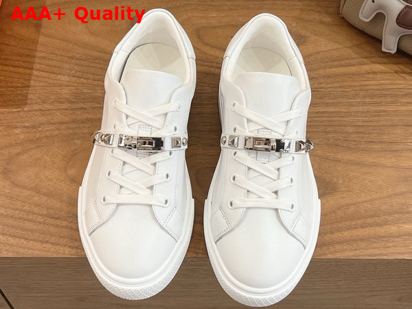 Hermes Day Sneaker in Blanc Calfskin with Kelly Buckle and Iconic Medor Studs Replica