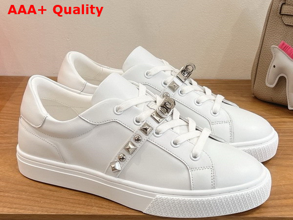 Hermes Day Sneaker in Blanc Calfskin with Kelly Buckle and Iconic Medor Studs Replica