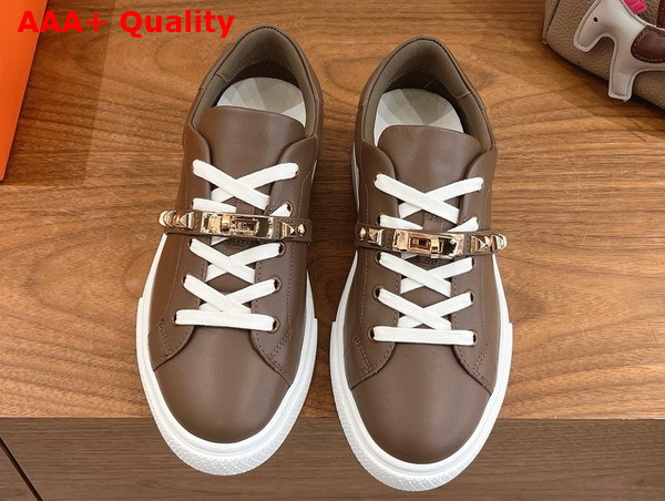 Hermes Day Sneaker in Coffee Calfskin with Kelly Buckle and Iconic Medor Studs Replica