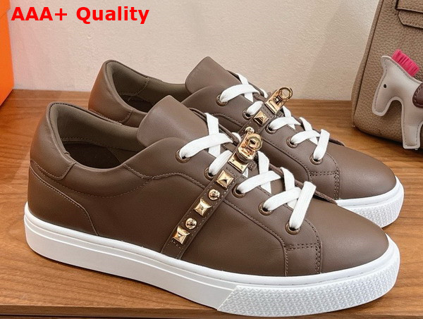Hermes Day Sneaker in Coffee Calfskin with Kelly Buckle and Iconic Medor Studs Replica