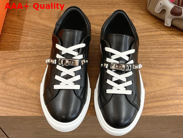 Hermes Day Sneaker in Noir Calfskin with Kelly Buckle and Iconic Medor Studs Replica