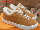 Hermes Day Sneaker in Suede Goatskin with Woolskin Lining Brun Fume Ecru Replica
