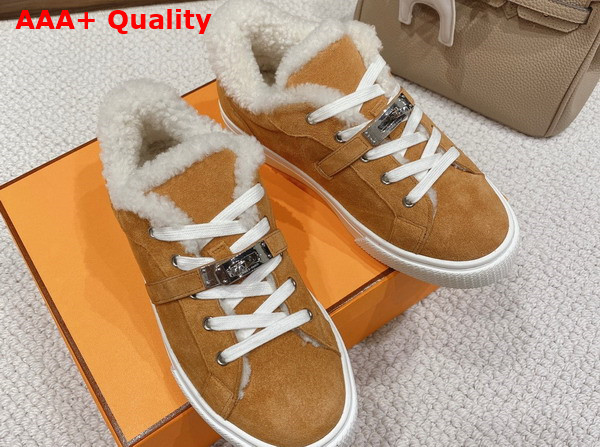 Hermes Day Sneaker in Suede Goatskin with Woolskin Lining Brun Fume Ecru Replica