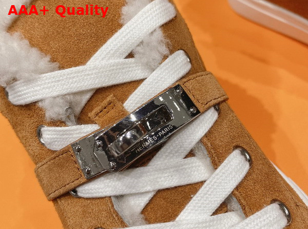 Hermes Day Sneaker in Suede Goatskin with Woolskin Lining Brun Fume Ecru Replica