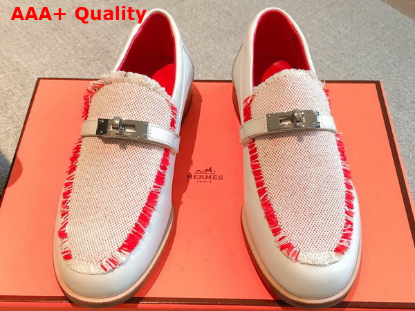 Hermes Destin Loafer in Beige Glaise Framboise Calfskin and Fringed Canvas Replica