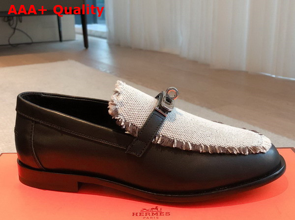 Hermes Destin Loafer in Black Calfskin and Fringed Canvas Replica