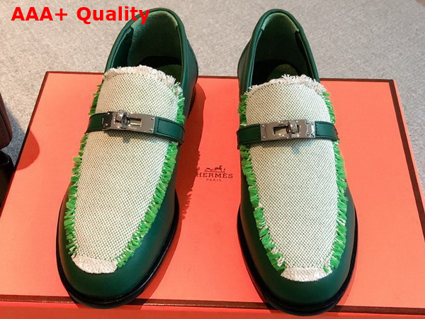 Hermes Destin Loafer in Green Calfskin and Fringed Canvas Replica