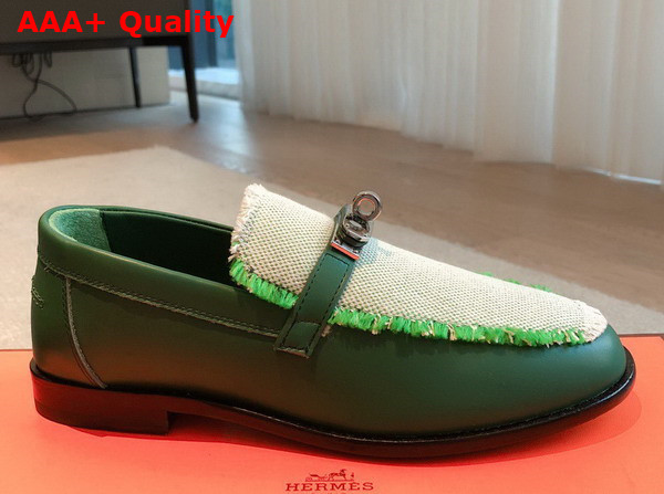 Hermes Destin Loafer in Green Calfskin and Fringed Canvas Replica