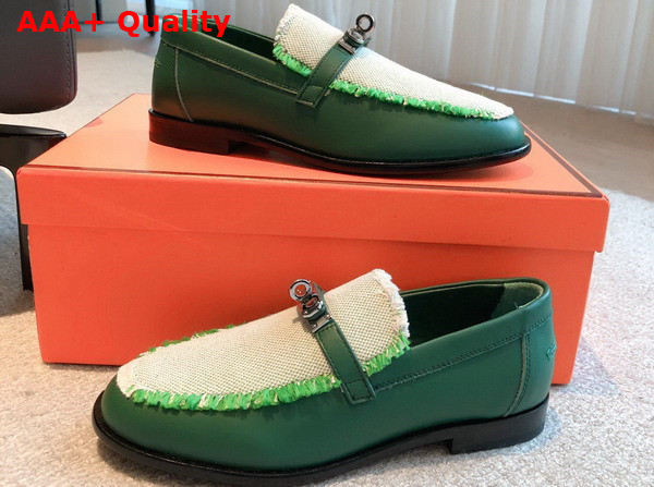 Hermes Destin Loafer in Green Calfskin and Fringed Canvas Replica