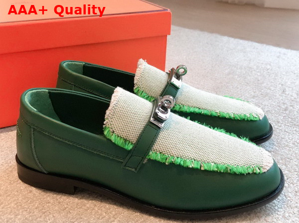 Hermes Destin Loafer in Green Calfskin and Fringed Canvas Replica