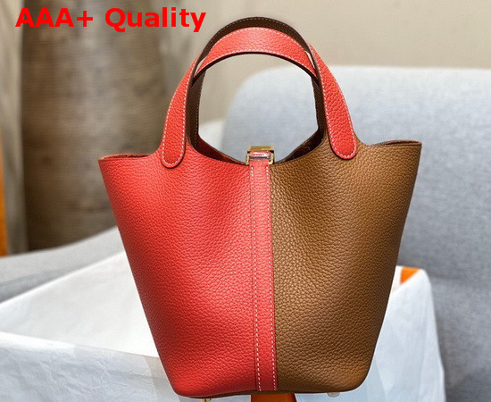 Hermes Dual Color Picotin Lock 18 Bag in Taurillon Clemence Leather Tan and Red Replica