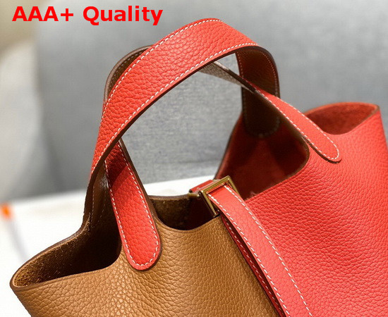 Hermes Dual Color Picotin Lock 18 Bag in Taurillon Clemence Leather Tan and Red Replica