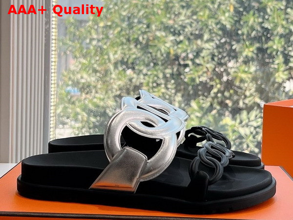 Hermes Extra Sandal in Nappa Leather Silver and Black Replica