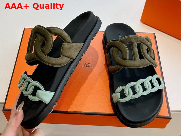 Hermes Extra Sandal in Suede Goatskin Khaki and Light Blue Replica