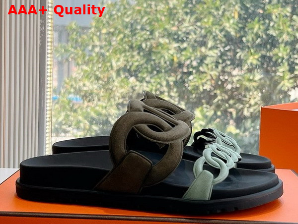 Hermes Extra Sandal in Suede Goatskin Khaki and Light Blue Replica