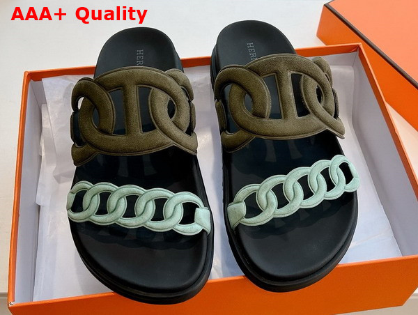 Hermes Extra Sandal in Suede Goatskin Khaki and Light Blue Replica