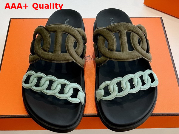 Hermes Extra Sandal in Suede Goatskin Khaki and Light Blue Replica