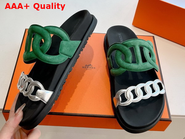 Hermes Extra Sandal in Suede Goatskin and Nappa Leather Green and Silver Replica