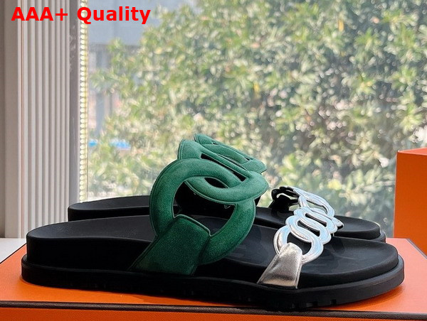 Hermes Extra Sandal in Suede Goatskin and Nappa Leather Green and Silver Replica