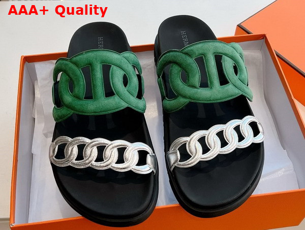 Hermes Extra Sandal in Suede Goatskin and Nappa Leather Green and Silver Replica