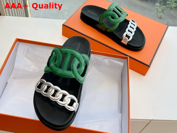 Hermes Extra Sandal in Suede Goatskin and Nappa Leather Green and Silver Replica