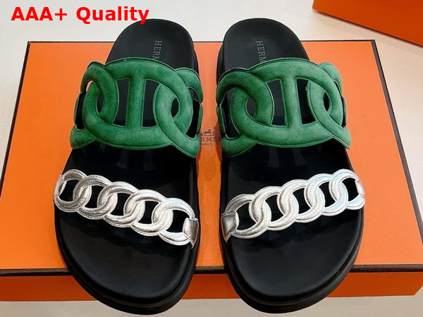 Hermes Extra Sandal in Suede Goatskin and Nappa Leather Green and Silver Replica