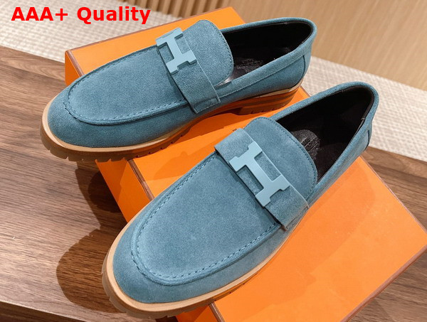 Hermes Faubourg Loafer in Bleu Pinede Suede Goatskin Replica