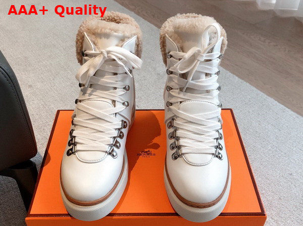 Hermes Flocon Ankle Boot Blanc Naturel Calfskin with Shearling and Rubber Sole Replica
